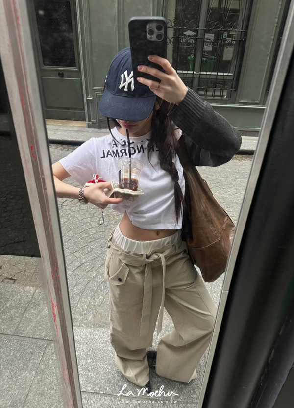 腰頭拼接綁帶斜紋布長褲